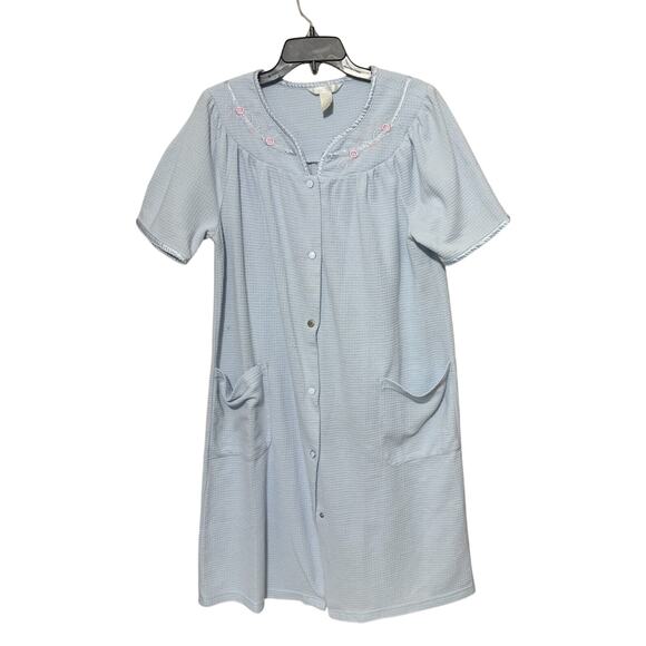 VTG Adonna Blue Snap Front robe House Dress Pockets waffle knit Women's Sz M - Picture 1 of 8